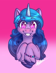 Size: 2669x3441 | Tagged: safe, artist:strawberrygears, izzy moonbow, pony, unicorn, g5, blushing, bracelet, cute, eyelashes, female, gradient background, grin, high res, izzybetes, jewelry, looking at you, mare, open mouth, raised hoof, signature, smiling, solo, teeth, unshorn fetlocks