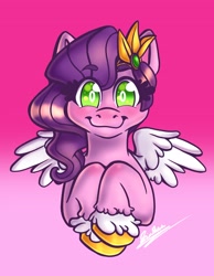 Size: 2669x3441 | Tagged: safe, artist:strawberrygears, pipp petals, pegasus, pony, g5, adorapipp, blushing, coat markings, cute, eyelashes, female, gradient background, high res, looking at you, mare, raised hoof, signature, smiling, socks (coat markings), solo, spread wings, unshorn fetlocks, wings