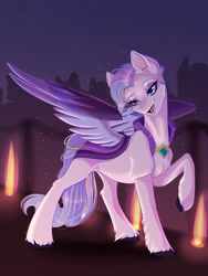Size: 1576x2100 | Tagged: safe, artist:unfinishedheckery, queen haven, pegasus, pony, g5, adorahaven, bedroom eyes, cute, female, lidded eyes, light, mare, night, open mouth, raised hoof, solo, stars, unshorn fetlocks, wings