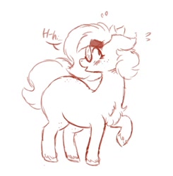 Size: 1000x1020 | Tagged: safe, artist:somefrigginnerd, oc, oc only, oc:pencil test, earth pony, pony, blushing, butt freckles, chest fluff, chubby, female, floppy ears, freckles, glasses, mare, monochrome, open mouth, plump, raised hoof, simple background, sketch, smiling, solo, speech bubble, thick eyebrows, unshorn fetlocks, white background