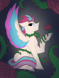 Size: 1620x2160 | Tagged: safe, artist:birbnerd17, zipp storm, pegasus, pony, g5, female, flower, grin, looking at you, mare, smiling, solo, thorn, unshorn fetlocks, vine, wings