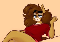 Size: 1087x763 | Tagged: safe, artist:somefrigginnerd, oc, oc only, oc:pencil test, earth pony, anthro, clothes, crossed legs, eyebrows, eyebrows visible through hair, female, freckles, glasses, lidded eyes, raised hoof, shirt, sitting, solo, thick eyebrows
