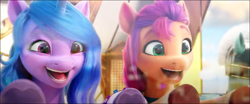 Size: 1367x568 | Tagged: safe, screencap, izzy moonbow, sunny starscout, thunder flap, earth pony, pegasus, pony, unicorn, g5, my little pony: a new generation, spoiler:my little pony: a new generation, 3d, cropped, cute, duo, excited, female, izzybetes, male, mare, open mouth, open smile, pegasus royal guard, reflection, royal guard, smiling, stallion, sunnybetes