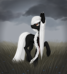 Size: 1793x2000 | Tagged: safe, artist:ajax, artist:willdrawhere, oc, oc only, earth pony, pony, black and white, cloud, cloudy, field, grayscale, monochrome, rain, solo