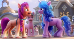 Size: 621x329 | Tagged: safe, screencap, azalea dolly, izzy moonbow, sunny starscout, earth pony, pony, unicorn, g5, my little pony: a new generation, spoiler:my little pony: a new generation, 3d, cropped, female, grin, mare, physique difference, smiling