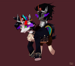 Size: 3400x3000 | Tagged: safe, artist:rover, artist:rrrover, king sombra, oc, oc only, pony, unicorn, clothes, colored horn, commission, commissions open, curved horn, high res, horn, red background, sad, simple background, solo, sombra eyes, sombra horn