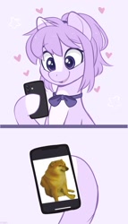 Size: 740x1290 | Tagged: safe, artist:higgly-chan, oc, oc only, oc:mio, dog, earth pony, pony, bowtie, cellphone, cheems, heart, phone, smiling, solo