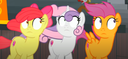 Size: 1346x622 | Tagged: safe, screencap, apple bloom, scootaloo, sweetie belle, earth pony, pegasus, pony, unicorn, g4, growing up is hard to do, cropped, cutie mark crusaders, looking up, older, older apple bloom, older cmc, older scootaloo, older sweetie belle, shrunken pupils, trio, windswept mane