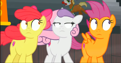 Size: 1336x698 | Tagged: safe, screencap, apple bloom, scootaloo, sweetie belle, earth pony, pegasus, pony, unicorn, g4, growing up is hard to do, cropped, cutie mark crusaders, group, looking up, older, older apple bloom, older cmc, older scootaloo, older sweetie belle, shrunken pupils, windswept mane