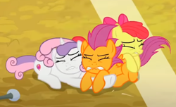 Size: 622x377 | Tagged: safe, screencap, apple bloom, scootaloo, sweetie belle, earth pony, pegasus, pony, unicorn, g4, growing up is hard to do, cropped, cutie mark crusaders, eyes closed, group, holding each other, lying down, older, older apple bloom, older cmc, older scootaloo, older sweetie belle, prone, scared, windswept mane