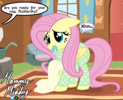Size: 1024x830 | Tagged: safe, artist:mommymidday, part of a set, fluttershy, pegasus, pony, g4, abdl, adult foal, big eyes, blanket, clothes, dialogue, diaper, diaper fetish, diaper under clothes, fetish, floppy ears, fluttershy's cottage, long mane, long tail, non-baby in diaper, offscreen character, onesie, pacifier, pajamas, shiny eyes, show accurate, shy, solo, speech bubble