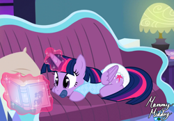 Size: 2360x1640 | Tagged: safe, artist:mommymidday, part of a set, twilight sparkle, alicorn, pony, g4, abdl, adult foal, book, couch, cup, cutie mark, diaper, diaper fetish, female, fetish, horn, lamp, levitation, lying down, magic, magic aura, mare, onesie, pacifier, pillow, poofy diaper, prone, reading, show accurate, signature, solo, teacup, telekinesis, twilight sparkle (alicorn), unicorn horn