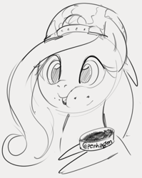 Size: 463x583 | Tagged: safe, artist:dotkwa, fluttershy, pegasus, pony, g4, backwards ballcap, baseball cap, bust, cap, chewing tobacco, female, grayscale, hat, mare, monochrome, puffy cheeks, sketch, solo, tobacco