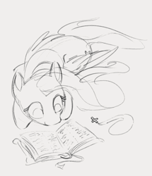 Size: 629x732 | Tagged: safe, artist:dotkwa, fluttershy, pegasus, pony, g4, bible, book, cross necklace, female, grayscale, mare, monochrome, overhead view, reading, sketch, solo