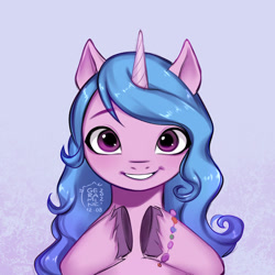 Size: 800x800 | Tagged: safe, artist:geraminea, izzy moonbow, pony, unicorn, g5, bracelet, cute, female, izzybetes, jewelry, looking at you, mare, smiling, solo, unshorn fetlocks