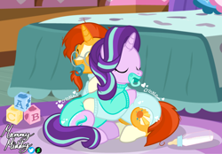 Size: 2360x1640 | Tagged: safe, artist:mommymidday, starlight glimmer, sunburst, pony, unicorn, g4, abdl, adult foal, baby bottle, bedroom, blaze (coat marking), building blocks, coat markings, crinkle, cubes, cuddling, cute, diaper, diaper fetish, diaper under clothes, duo, eyes closed, facial hair, facial markings, female, fetish, glasses, goatee, heart, hug, male, male and female, non-baby in diaper, onesie, onomatopoeia, pacifier, poofy diaper, ship:starburst, shipping, show accurate, sitting on floor, socks (coat markings), stallion, straight