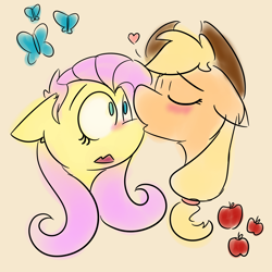 Size: 4000x4000 | Tagged: safe, artist:antimationyt, applejack, fluttershy, butterfly, pony, g4, apple, blushing, bust, cute, female, floppy ears, food, jackabetes, kissing, lesbian, nose kiss, ship:appleshy, shipping, shyabetes