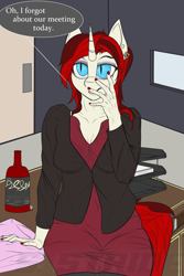 Size: 1498x2244 | Tagged: safe, artist:shade stride, oc, oc:ruby tip, unicorn, anthro, bat eyes, bottle, clothes, desk, dress, female, implied second character, office, simple background, sitting, text, watermark, wine bottle
