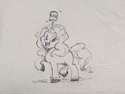 Size: 2048x1536 | Tagged: safe, artist:mellodillo, izzy moonbow, pony, unicorn, g5, my little pony: a new generation, beans, can, female, food, grayscale, horn, horn impalement, izzy's beans, mare, monochrome, pencil drawing, solo, that pony sure does love beans, traditional art, unshorn fetlocks