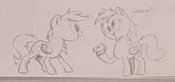 Size: 2048x967 | Tagged: safe, artist:mellodillo, derpy hooves, pegasus, pony, g4, duo, female, food, grayscale, hoof hold, mare, monochrome, muffin, self paradox, self ponidox, sketch, that pony sure does love muffins, traditional art