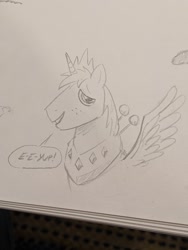 Size: 1536x2048 | Tagged: safe, artist:mellodillo, big macintosh, alicorn, pony, g4, alicornified, bigmacicorn, eeyup, male, monochrome, photo, princess big mac, race swap, sketch, solo, spread wings, stallion, traditional art, wings