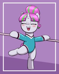 Size: 1772x2216 | Tagged: safe, artist:heretichesh, oc, oc only, oc:zippi, pony, unicorn, bipedal, blushing, clothes, cute, eyes closed, female, filly, freckles, leotard, not blossomforth, ocbetes, open mouth, open smile, smiling, solo, standing, standing on one leg