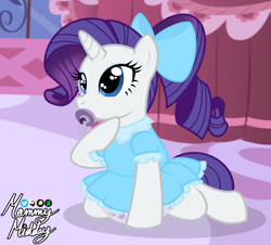 Size: 1696x1530 | Tagged: safe, artist:mommymidday, part of a set, rarity, pony, unicorn, g4, abdl, adult foal, anatomically incorrect, blue dress, blue eyes, bow, carousel boutique, clothes, diaper, diaper fetish, dress, eyelashes, false eyelashes, fetish, frills, frilly dress, non-baby in diaper, pacifier, ponytail, poofy diaper, ruffles, shiny eyes, show accurate, signature, sissy, sitting, skirt, solo