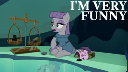 Size: 1280x720 | Tagged: safe, edit, edited screencap, editor:quoterific, screencap, maud pie, earth pony, pony, g4, season 7, uncommon bond, female, mare, open mouth, rock, solo