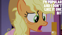 Size: 1280x720 | Tagged: safe, edit, edited screencap, editor:quoterific, screencap, applejack, earth pony, pony, fame and misfortune, g4, season 7, applejack's hat, carousel boutique, close-up, cowboy hat, female, hat, mare, messy hair, solo