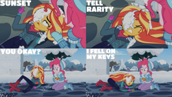Size: 1280x720 | Tagged: safe, edit, edited screencap, editor:quoterific, screencap, pinkie pie, sunset shimmer, equestria girls, equestria girls specials, g4, my little pony equestria girls: better together, my little pony equestria girls: holidays unwrapped, saving pinkie's pie, duo, duo female, eyes closed, female, food, open mouth, snow, souffle