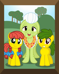 Size: 1280x1584 | Tagged: safe, artist:aleximusprime, granny smith, oc, oc:annie smith, oc:apple chip, fanfic:apple family memories, flurry heart's story, g4, apple twins, bow, framed picture, freckles, great grandmother and great grandchild, older, pigtails, wrinkles
