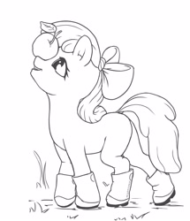 Size: 2195x2552 | Tagged: safe, artist:stratodraw, apple bloom, earth pony, pony, g4, apple, balancing, boots, food, high res, monochrome, ponies balancing stuff on their nose, shoes