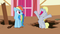 Size: 1920x1080 | Tagged: safe, screencap, derpy hooves, rainbow dash, pegasus, pony, g4, season 2, the last roundup, 1080p, cute, derpabetes, faic, female, mare, ponyville town hall, smiling