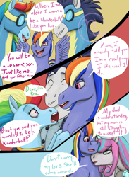 Size: 2200x3000 | Tagged: safe, artist:azurllinate, princess flurry heart, rainbow dash, soarin', oc, oc:azure sprint, alicorn, pegasus, pony, g4, the last problem, blue eyes, canon x oc, chest fluff, clothes, comforting, comic, comic strip, disappointed, eyes closed, female, flure, goggles, happy, high res, hoof on chest, jewelry, long mane, looking at each other, magenta eyes, male, multicolored mane, multicolored tail, next gen:futurehooves, next generation, offspring, older, older flurry heart, older rainbow dash, older soarin', older soarindash, open mouth, parent:rainbow dash, parent:soarin', parents:soarindash, pegasus oc, regalia, sad, ship:soarindash, shipping, shocked, shocked expression, smiling, speech, speech bubble, straight, talking, tiara, uniform, wonderbolts, wonderbolts uniform