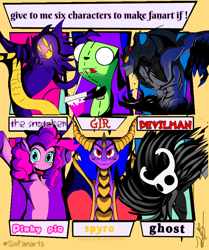 Size: 744x888 | Tagged: safe, artist:spirodraw, pinkie pie, dragon, earth pony, ghost, pony, undead, g4, bust, crossover, devilman, female, gir, hollow knight, horns, invader zim, male, mare, six fanarts, smiling, spyro the dragon, spyro the dragon (series), wings