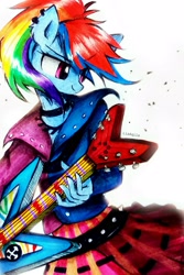 Size: 1983x2973 | Tagged: safe, artist:liaaqila, rainbow dash, anthro, g4, clothes, electric guitar, female, guitar, musical instrument, rock (music), simple background, skirt, smiling, solo, traditional art