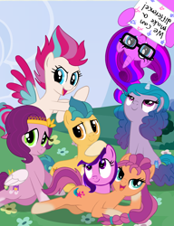 Size: 1960x2548 | Tagged: safe, artist:small-brooke1998, hitch trailblazer, izzy moonbow, pipp petals, sunny starscout, zipp storm, oc, oc:andromeda vela, oc:tilly, g4, g5, g5 to g4, lidded eyes, looking at you, mane five