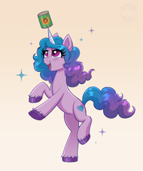 Size: 3484x4179 | Tagged: safe, artist:confetticakez, izzy moonbow, pony, unicorn, g5, my little pony: a new generation, beans, blushing, can, cute, digital art, female, food, happy, high res, izzy's beans, izzybetes, looking up, mare, missing accessory, open mouth, rearing, simple background, smiling, solo, sparkles, that pony sure does love beans, unshorn fetlocks, white background