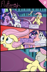 Size: 2318x3503 | Tagged: safe, artist:doodledonutart, fluttershy, rarity, twilight sparkle, alicorn, pegasus, pony, unicorn, comic:fluttersigh, g4, comic, eyes closed, facehoof, floppy ears, funny, gritted teeth, high res, open mouth, running away, spell gone wrong, twilight sparkle (alicorn)