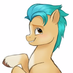 Size: 2500x2500 | Tagged: safe, artist:beatlinked, hitch trailblazer, earth pony, pony, g5, blaze (coat marking), blushing, coat markings, facial markings, flattered, flustered, high res, male, pale belly, simple background, smiling, socks (coat markings), solo, stallion, white background