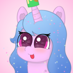 Size: 2160x2160 | Tagged: safe, artist:limitmj, izzy moonbow, pony, unicorn, g5, beans, blushing, bust, can, cute, female, food, high res, horn, horn impalement, izzy impaling things, izzy's beans, izzybetes, mare, portrait, solo, sparkles, that pony sure does love beans, tongue out