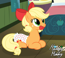 Size: 1833x1640 | Tagged: safe, artist:mommymidday, part of a set, applejack, earth pony, pony, g4, abdl, adult foal, applejack's bedroom, bow, cute, cutie mark, diaper, diaper fetish, fetish, freckles, green eyes, hair bow, lying down, non-baby in diaper, pacifier, pigtails, prone, show accurate, signature, solo