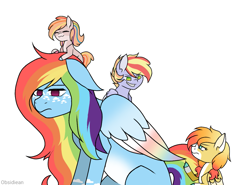 Size: 1077x799 | Tagged: safe, artist:obsidiean, rainbow dash, oc, oc:fuji zap, oc:golden honeycrisp, oc:pink gala, earth pony, pegasus, pony, g4, colt, female, filly, freckles, magical lesbian spawn, male, mama dash, mare, offspring, parent:applejack, parent:rainbow dash, parents:appledash, simple background, white background