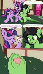 Size: 2420x4160 | Tagged: safe, artist:dumbwoofer, twilight sparkle, oc, oc:filly anon, alicorn, pony, g4, comic, female, filly, frog (hoof), heart, hoof heart, mug, shocked, shocked expression, text, twilight sparkle (alicorn), underhoof