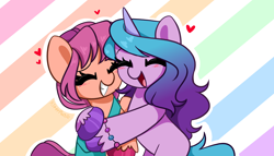 Size: 3116x1779 | Tagged: safe, artist:kittyrosie, izzy moonbow, sunny starscout, earth pony, pony, unicorn, g5, abstract background, bag, bipedal, blushing, bracelet, cute, duo, duo female, eyes closed, female, floating heart, heart, hug, izzybetes, jewelry, mare, missing cutie mark, open mouth, rainbow background, simple background, smiling, sunnybetes, unshorn fetlocks