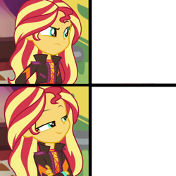 Size: 1300x1300 | Tagged: safe, sunset shimmer, equestria girls, equestria girls specials, g4, my little pony equestria girls: better together, my little pony equestria girls: sunset's backstage pass, exploitable meme, hotline bling, meme, music festival outfit, smugset shimmer, sunset shimmer is not amused, template, unamused