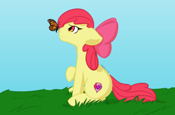 Size: 2096x1374 | Tagged: safe, artist:kurodoragon, apple bloom, butterfly, earth pony, pony, g4, butterfly on nose, female, filly, insect on nose, monarch, raised hoof, sitting, solo