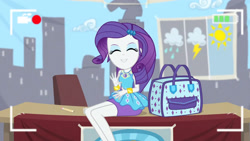 Size: 3410x1920 | Tagged: safe, screencap, rarity, best trends forever, equestria girls, g4, my little pony equestria girls: better together, bracelet, camera shot, clothes, cute, cutie mark, cutie mark on clothes, eyes closed, female, geode of shielding, hairpin, jewelry, magical geodes, raribetes, rarity peplum dress, smiling, solo