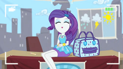 Size: 3410x1920 | Tagged: safe, screencap, rarity, best trends forever, equestria girls, g4, my little pony equestria girls: better together, bracelet, camera shot, clothes, cute, cutie mark, cutie mark on clothes, eyes closed, female, geode of shielding, hairpin, jewelry, magical geodes, open mouth, raribetes, rarity peplum dress, smiling, solo