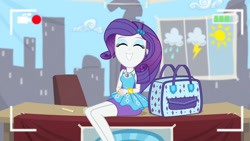 Size: 3410x1920 | Tagged: safe, screencap, rarity, best trends forever, equestria girls, g4, my little pony equestria girls: better together, bracelet, camera shot, clothes, cute, cutie mark, cutie mark on clothes, female, geode of shielding, grin, hairpin, jewelry, magical geodes, raribetes, rarity peplum dress, smiling, solo